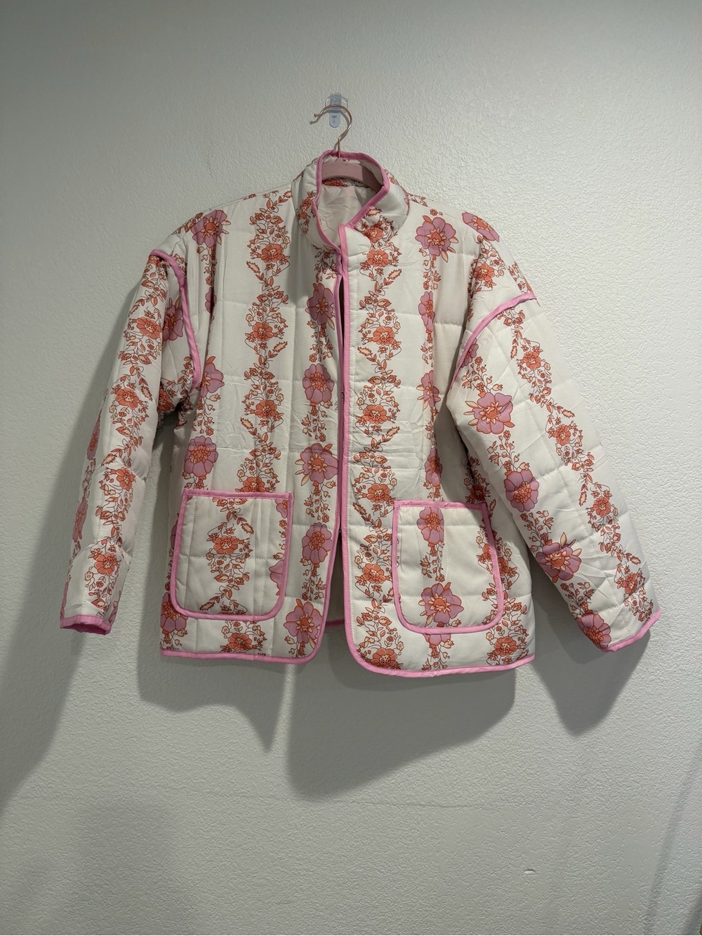 Floral Quilted Jacket Pink Piping Retro Cottagecore Patch Pockets